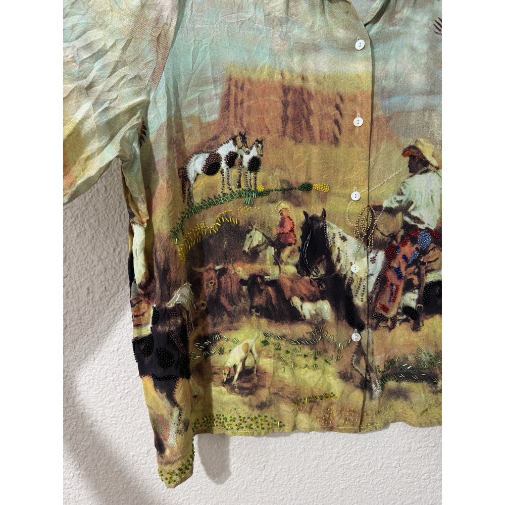 Vintage 90s Nicole Taylor 3X Plus Art to Wear Silk Beaded Cowboy Western Blouse - Picture 2 of 13